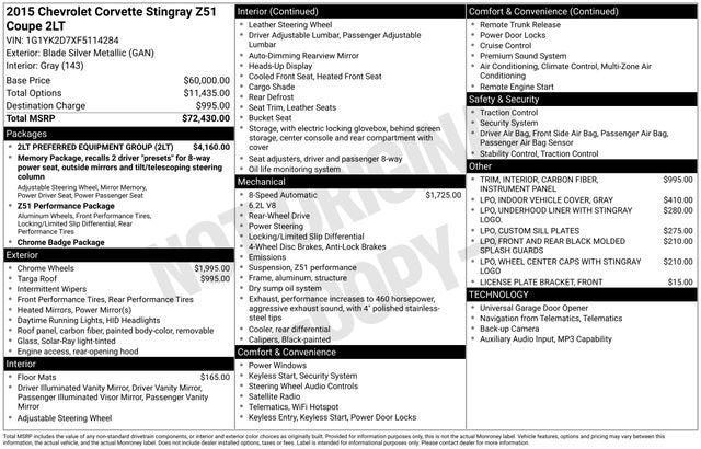 2015 Chevrolet Corvette Stingray Z51 2LT